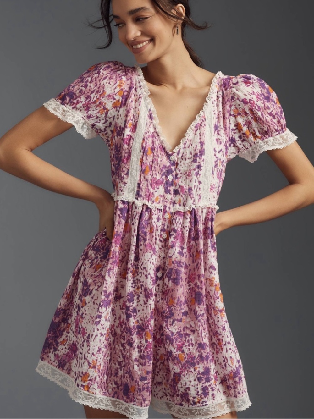 Anthropologie Lace-Trim Babydoll Romper Pockets Size: XL